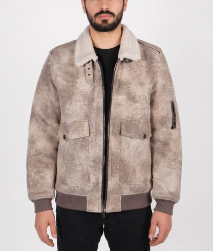 Deus Men's Distressed Brown Aviator Faux Fur Shearling Trim Collar Suede Jacket | Men's Distressed Brown Aviator Faux Fur Shearling Trim Collar Suede Jacket-1