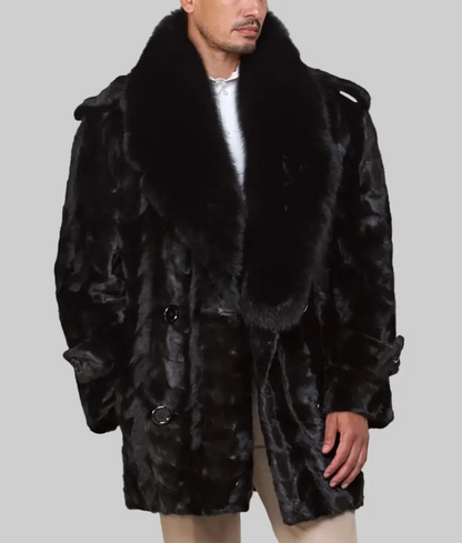 Diddy Men Black Mink Pea Coat - Double Breasted Black Mink peacoat-2