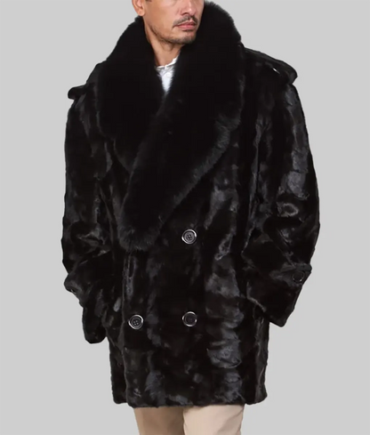 Diddy Men Black Mink Pea Coat - Double Breasted Black Mink peacoat-2