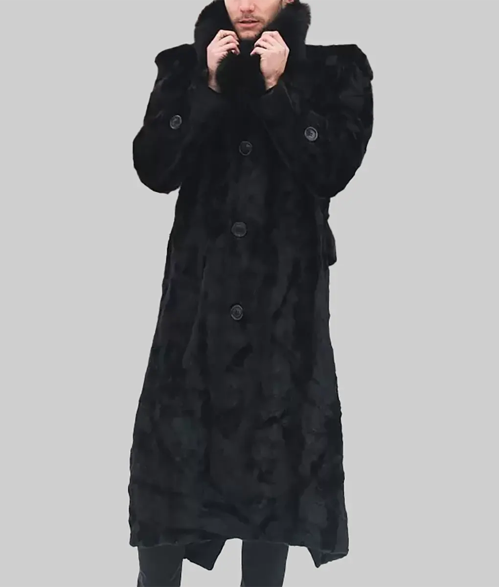 Diene Men Black Mink Full Length Overcoat With Fox Fur Collar - Men Black Mink Full Length Overcoat With Fox Fur Collar-3