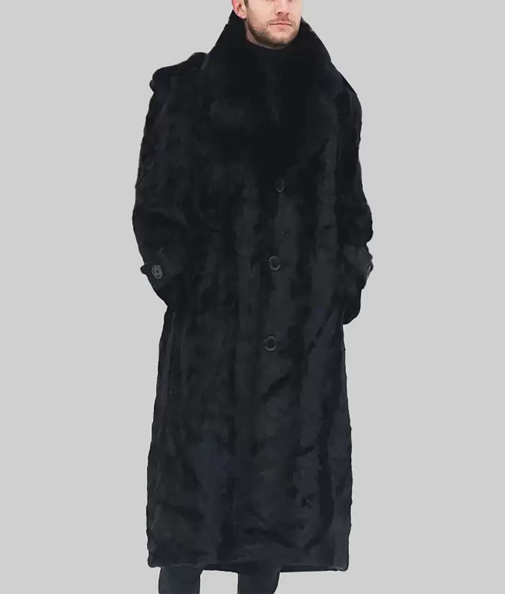 Diene Men Black Mink Full Length Overcoat With Fox Fur Collar - Men Black Mink Full Length Overcoat With Fox Fur Collar-4