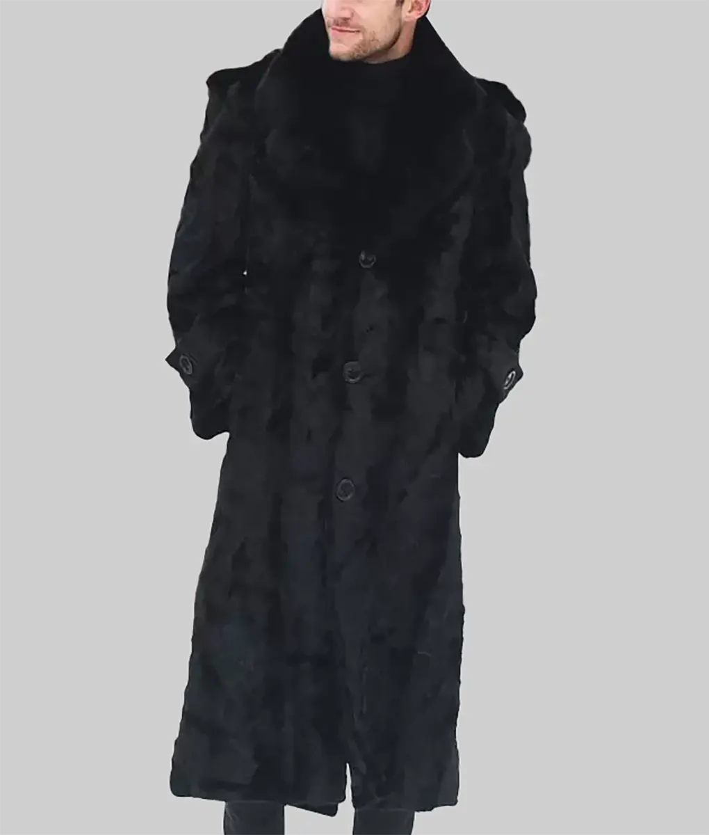 Diene Men Black Mink Full Length Overcoat With Fox Fur Collar - Men Black Mink Full Length Overcoat With Fox Fur Collar-1