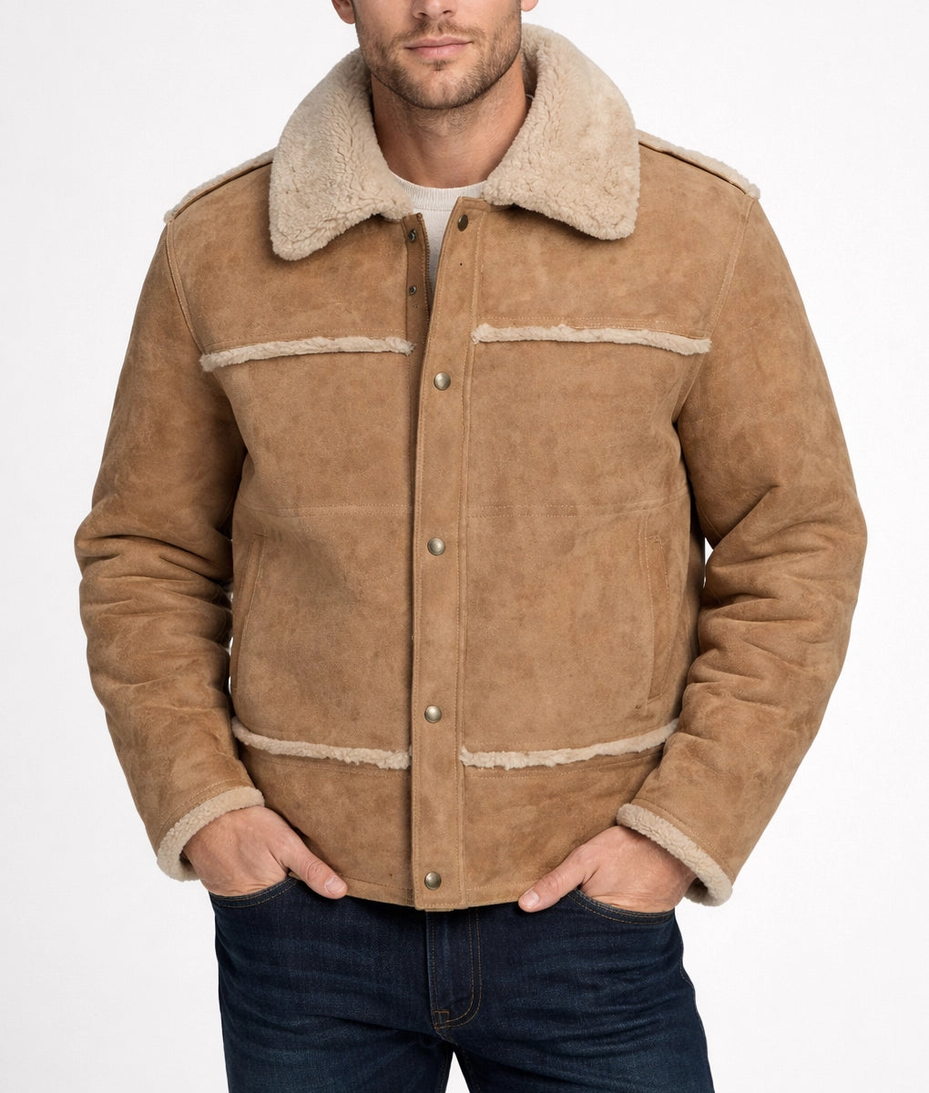 Draper Men's Brown Suede Faux Fur Shearling Jacket | Men's Brown Suede Faux Fur Shearling Jacket-1