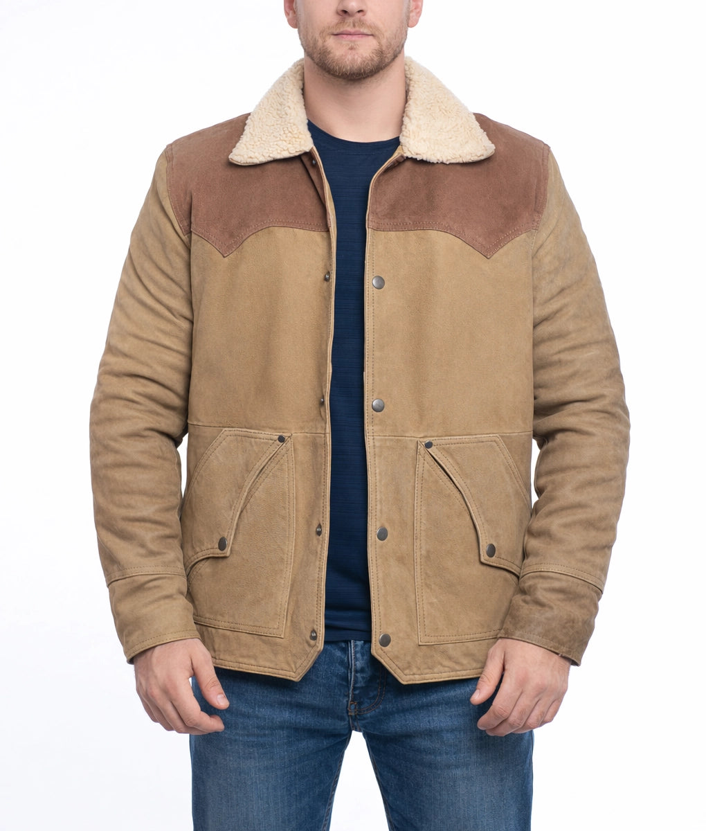 Dwayne Men's Brown Suede Bomber Faux Fur Shearling Collared Jacket | Men's Brown Suede Bomber Faux Fur Shearling Collared Jacket-1