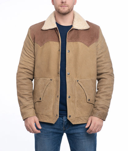 Dwayne Men's Brown Suede Bomber Faux Fur Shearling Collared Jacket | Men's Brown Suede Bomber Faux Fur Shearling Collared Jacket-1