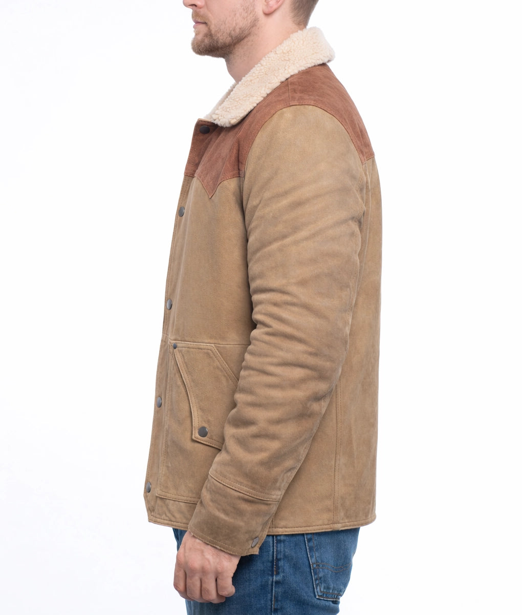 Dwayne Men's Brown Suede Bomber Faux Fur Shearling Collared Jacket | Men's Brown Suede Bomber Faux Fur Shearling Collared Jacket-3