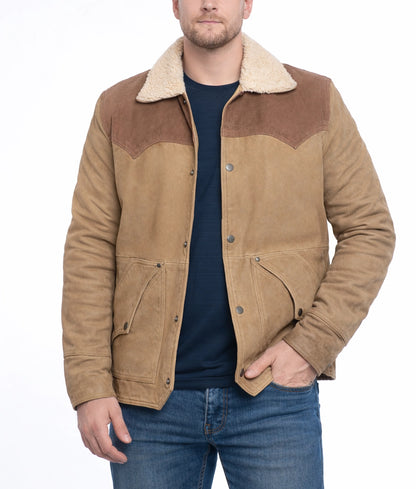 Dwayne Men's Brown Suede Bomber Faux Fur Shearling Collared Jacket | Men's Brown Suede Bomber Faux Fur Shearling Collared Jacket-2