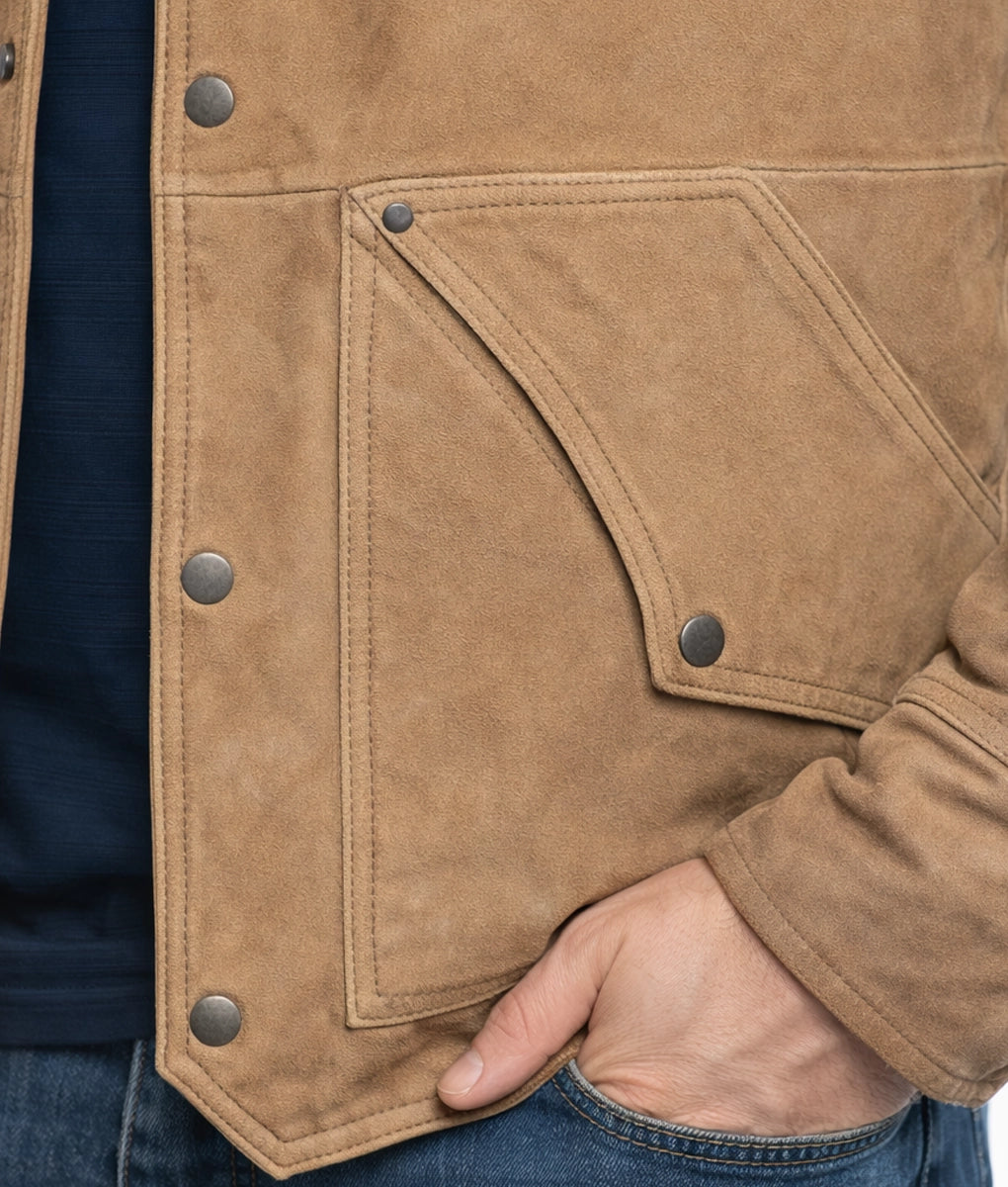 Dwayne Men's Brown Suede Bomber Faux Fur Shearling Collared Jacket | Men's Brown Suede Bomber Faux Fur Shearling Collared Jacket-5