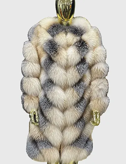 Elsa Women Brown & Grey Fox Fur Coat Long-3