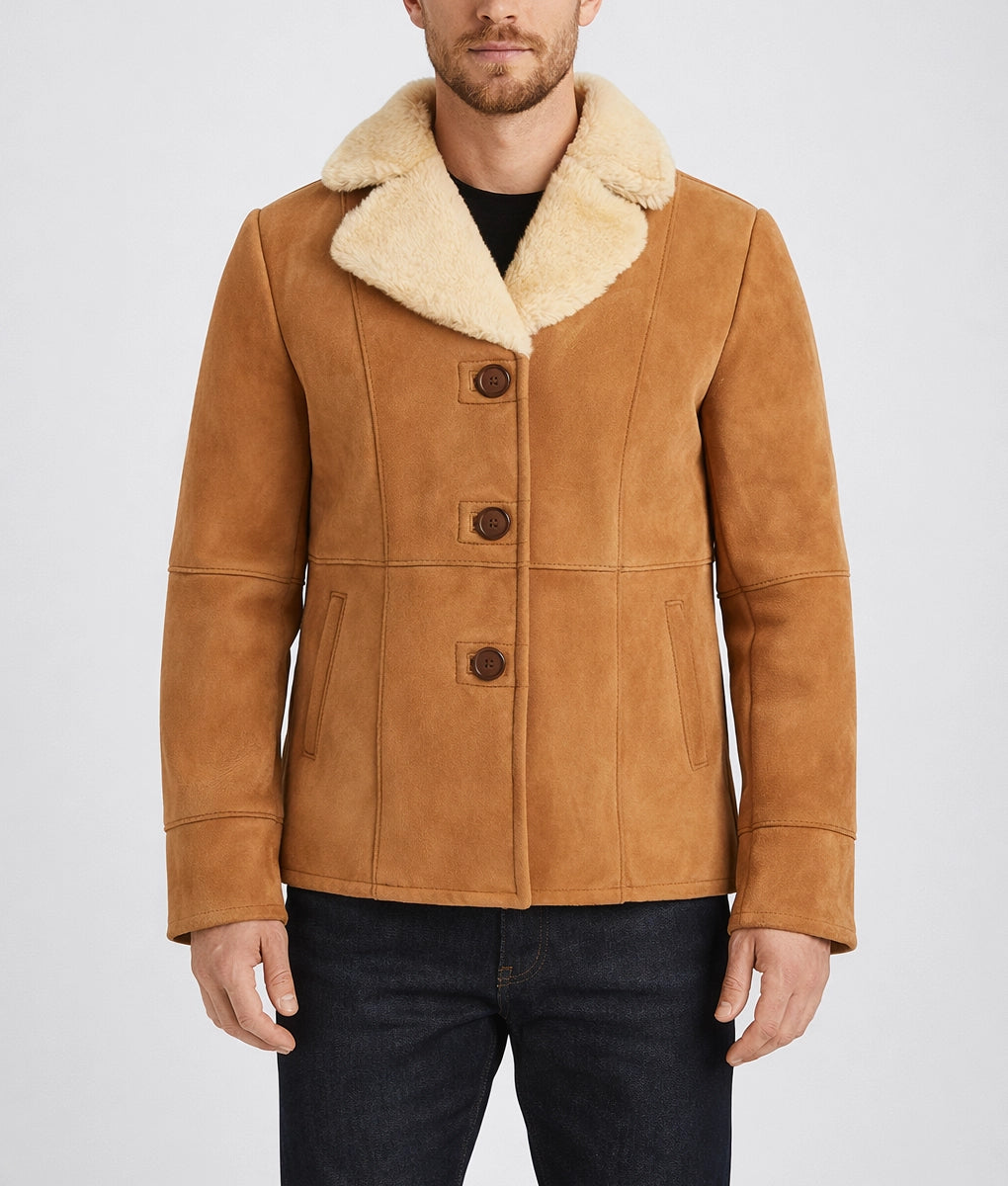 Emanual Men's Tan Faux Fur Shearling Suede Buttoned Jacket | Men's Tan Faux Fur Shearling Suede Buttoned Jacket-2