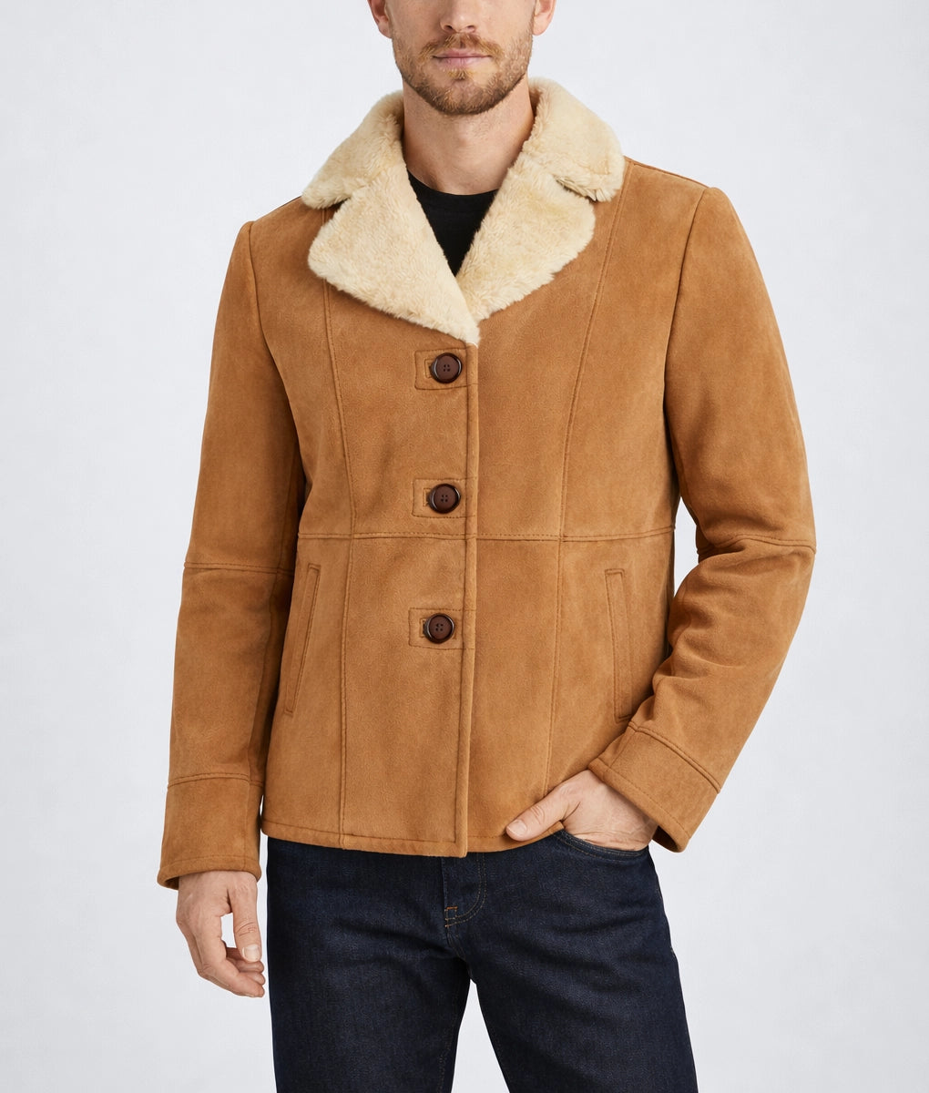 Emanual Men's Tan Faux Fur Shearling Suede Buttoned Jacket | Men's Tan Faux Fur Shearling Suede Buttoned Jacket-3