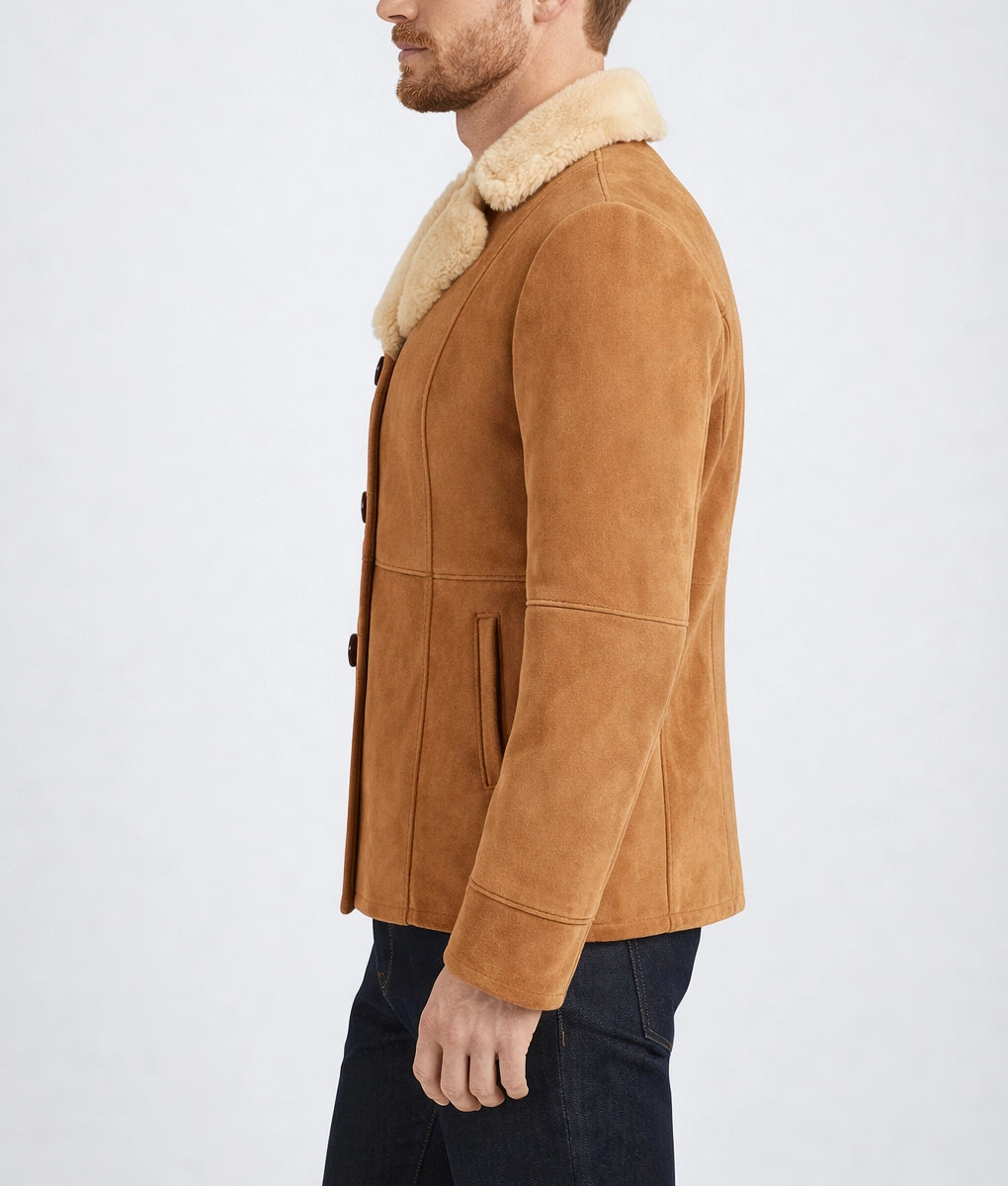 Emanual Men's Tan Faux Fur Shearling Suede Buttoned Jacket | Men's Tan Faux Fur Shearling Suede Buttoned Jacket-4