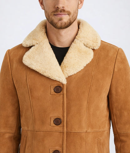 Emanual Men's Tan Faux Fur Shearling Suede Buttoned Jacket | Men's Tan Faux Fur Shearling Suede Buttoned Jacket-1