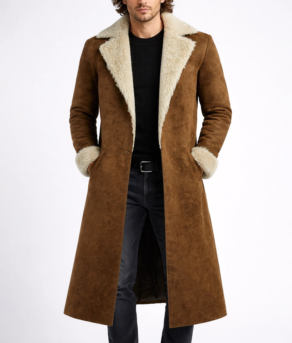 Emanual Men's Tan Faux Fur Shearling Suede Coat | Men's Tan Faux Fur Shearling Suede Coat-2