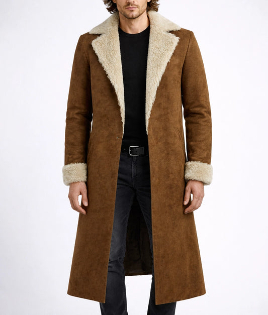 Emanual Men's Tan Faux Fur Shearling Suede Coat | Men's Tan Faux Fur Shearling Suede Coat-1