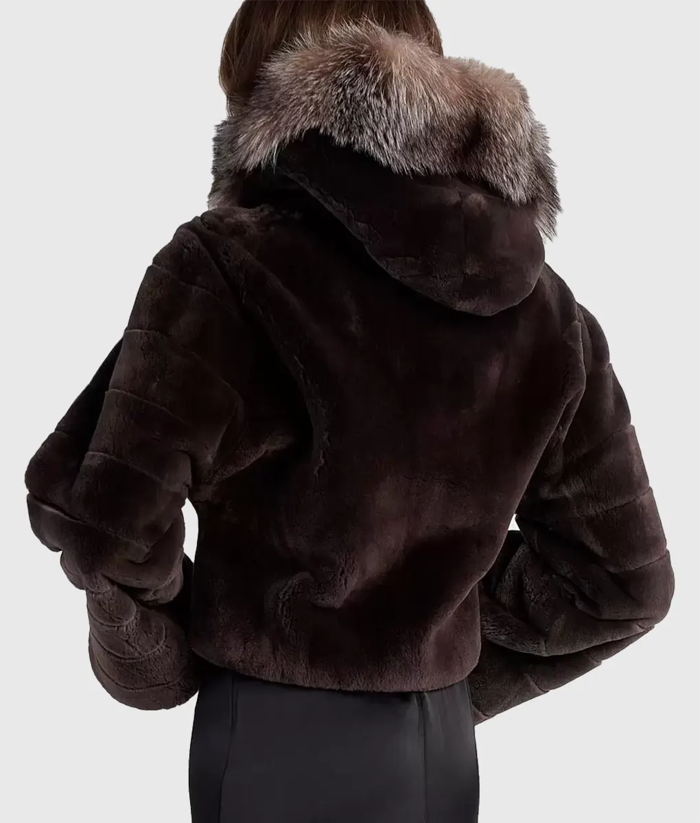 Emison Women Brown Hooded Sheared Beaver Fur Jacket