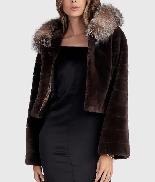 Emison Women Brown Hooded Sheared Beaver Fur Jacket