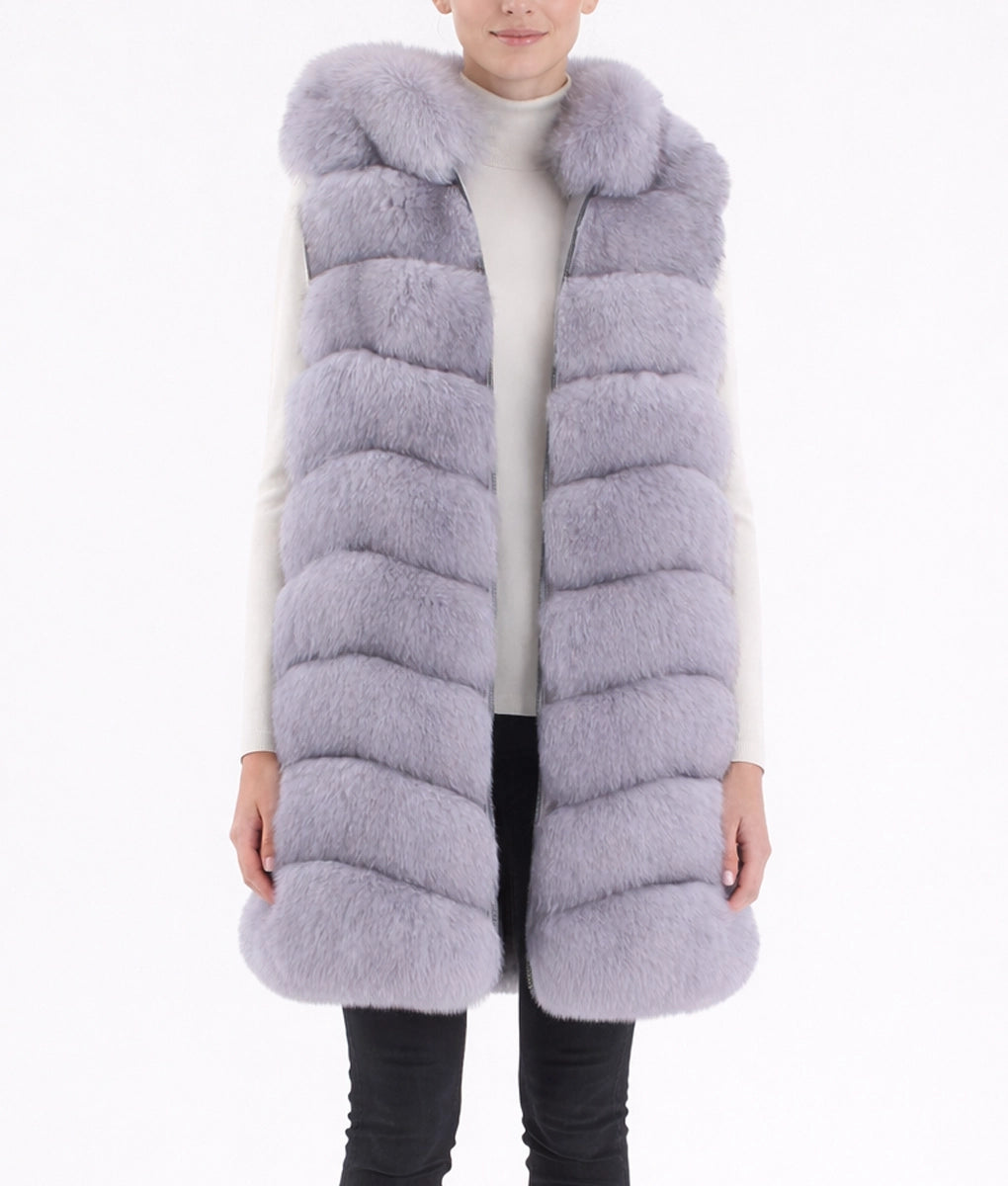 Emma Women’s Blue Hooded Real Fox Fur Vest | Women’s Blue Hooded Real Fox Fur Vest-1