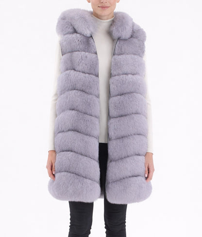 Emma Women’s Blue Hooded Real Fox Fur Vest | Women’s Blue Hooded Real Fox Fur Vest-1