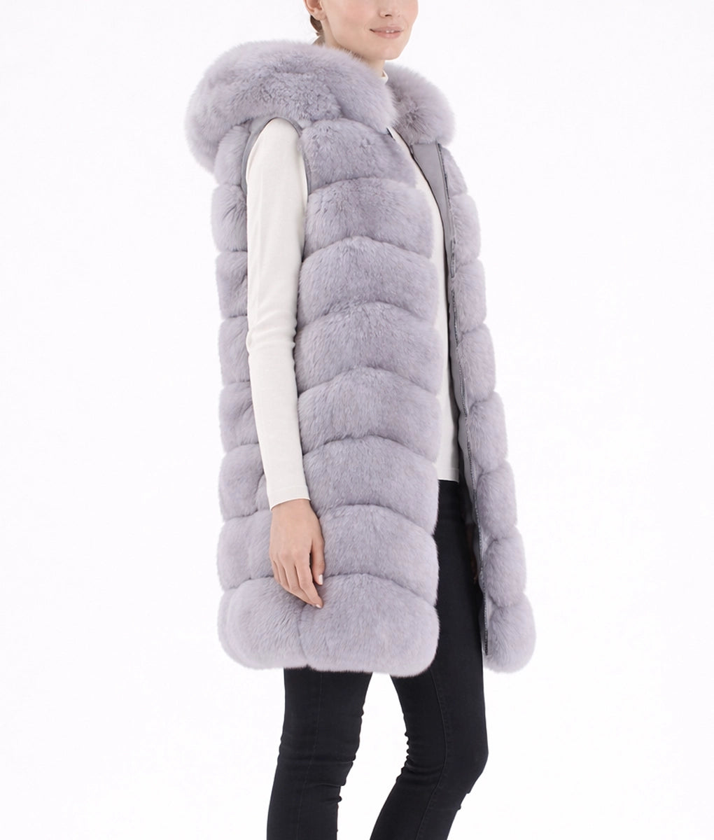 Emma Women’s Blue Hooded Real Fox Fur Vest | Women’s Blue Hooded Real Fox Fur Vest-3