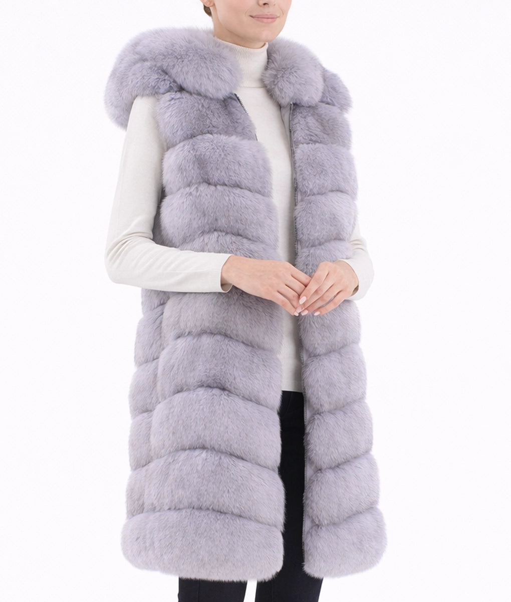 Emma Women’s Blue Hooded Real Fox Fur Vest | Women’s Blue Hooded Real Fox Fur Vest-2