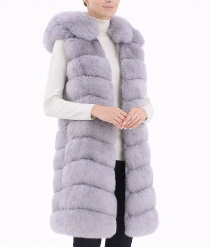 Emma Women’s Blue Hooded Real Fox Fur Vest | Women’s Blue Hooded Real Fox Fur Vest-2