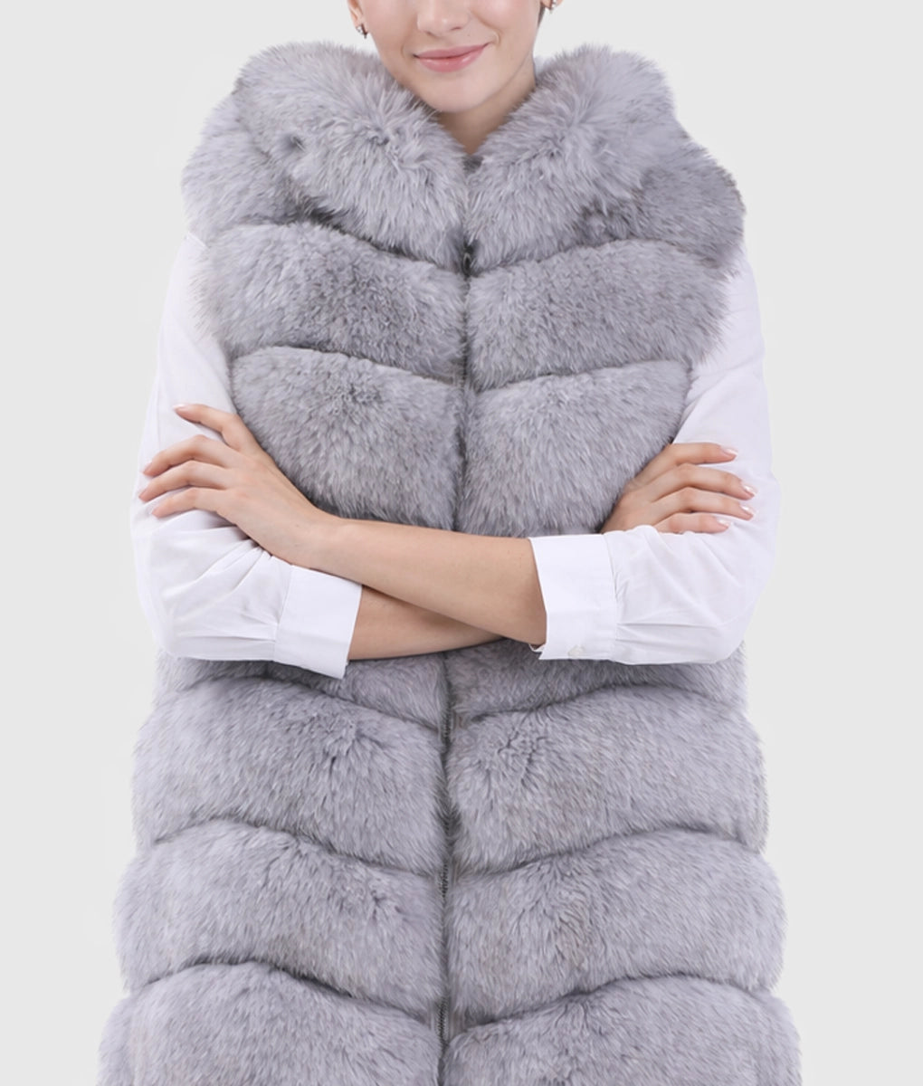 Emma Women’s Blue Hooded Real Fox Fur Vest | Women’s Blue Hooded Real Fox Fur Vest-5