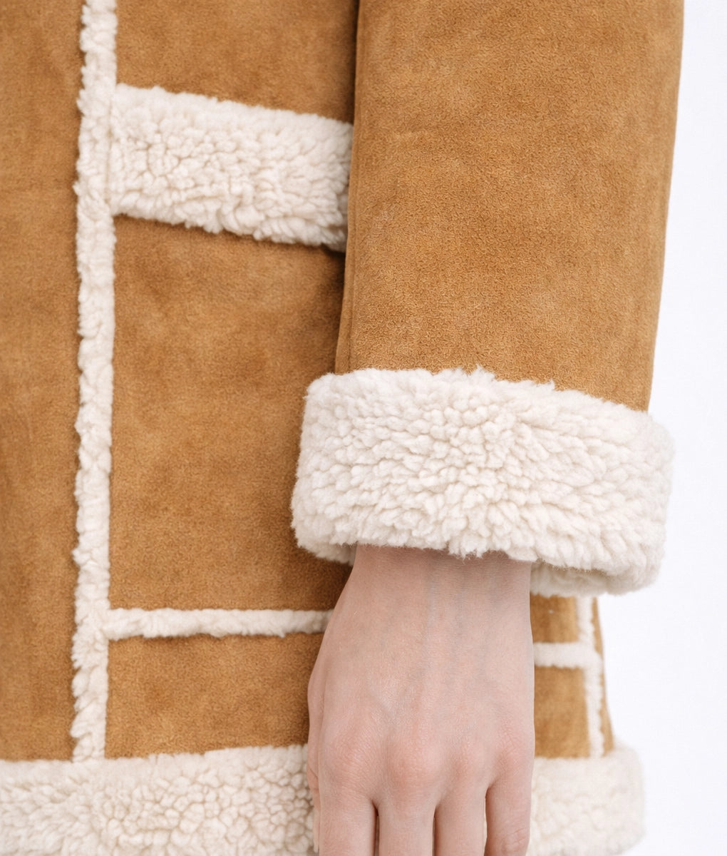 Emma Women's Faux Fur Shearling Trim Cognac Suede Coat | Women's Faux Fur Shearling Trim Cognac Suede Coat-2