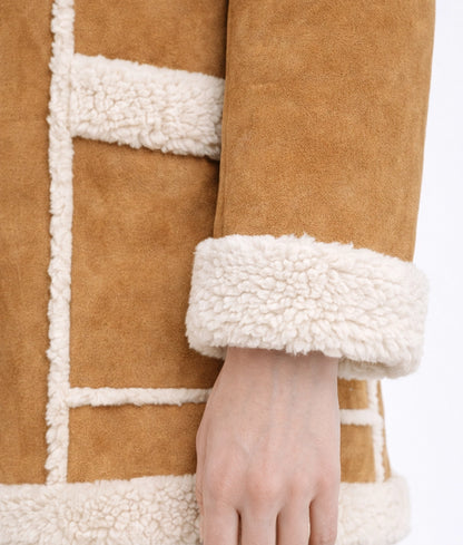 Emma Women's Faux Fur Shearling Trim Cognac Suede Coat | Women's Faux Fur Shearling Trim Cognac Suede Coat-2