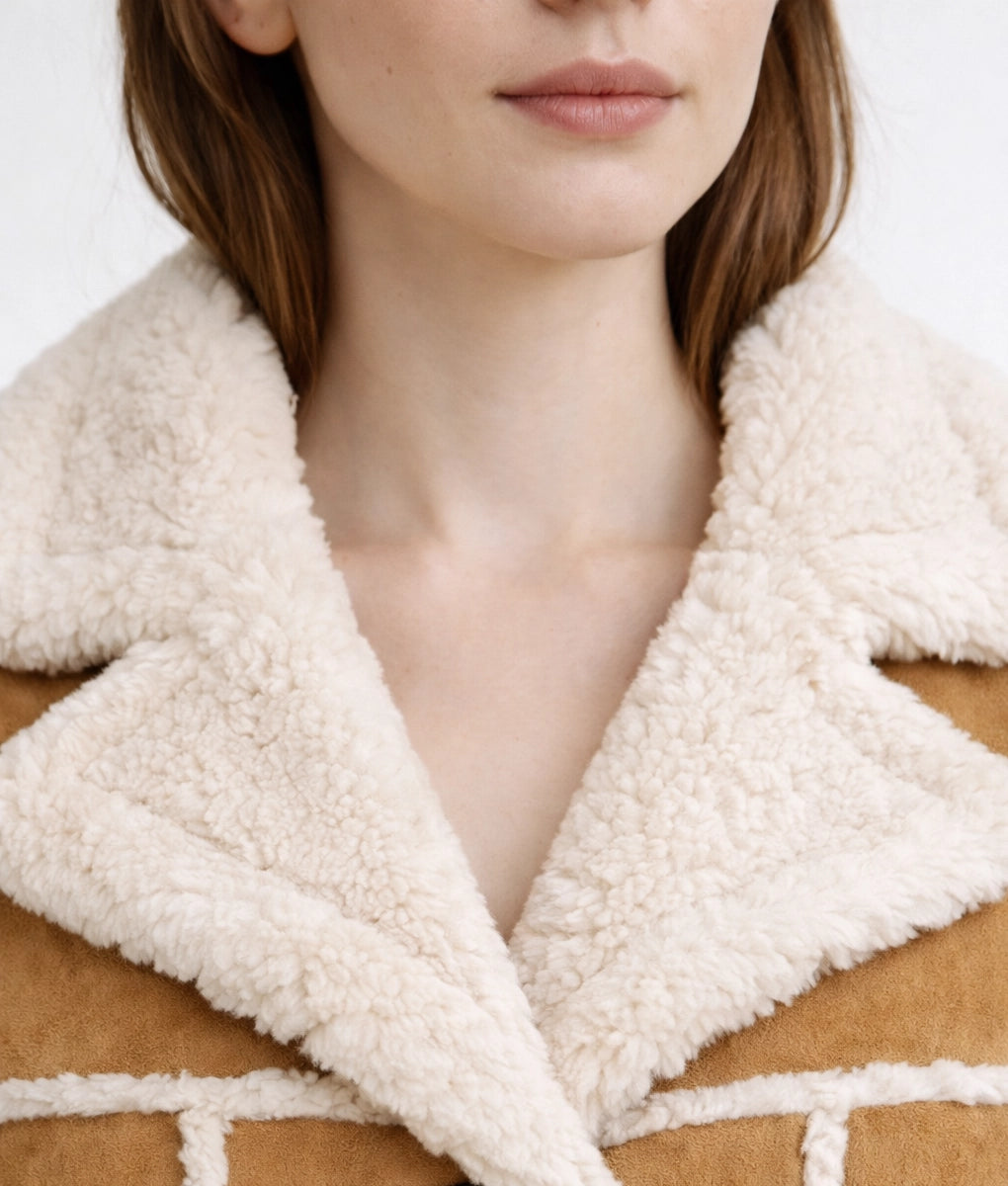 Emma Women's Faux Fur Shearling Trim Cognac Suede Coat | Women's Faux Fur Shearling Trim Cognac Suede Coat-1