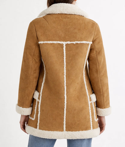 Emma Women's Faux Fur Shearling Trim Cognac Suede Coat | Women's Faux Fur Shearling Trim Cognac Suede Coat-5