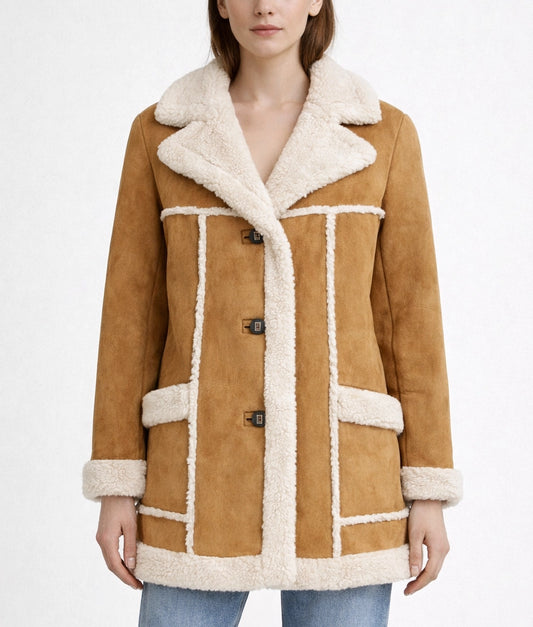 Emma Women's Faux Fur Shearling Trim Cognac Suede Coat | Women's Faux Fur Shearling Trim Cognac Suede Coat-4