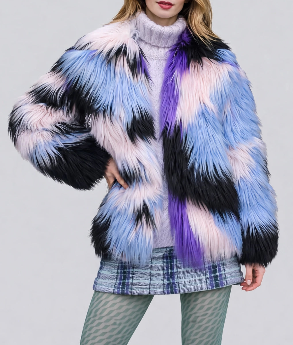 Emma Women's Multi Color Fuzzy Faux Fur Jacket | Women's Multi Color Fuzzy Faux Fur Jacket-2
