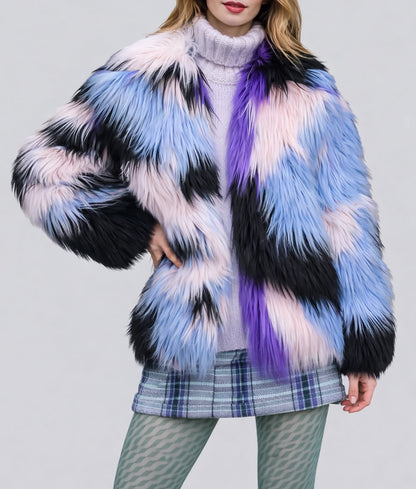 Emma Women's Multi Color Fuzzy Faux Fur Jacket | Women's Multi Color Fuzzy Faux Fur Jacket-2
