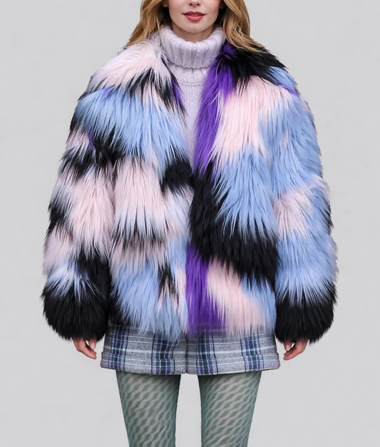 Emma Women's Multi Color Fuzzy Faux Fur Jacket | Women's Multi Color Fuzzy Faux Fur Jacket-1