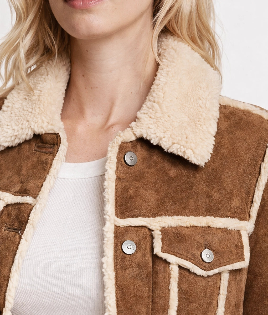 Emma Women's Suede Cognac Faux Fur Trim Trucker Jacket | Women's Suede Cognac Faux Fur Trim Trucker Jacket-4