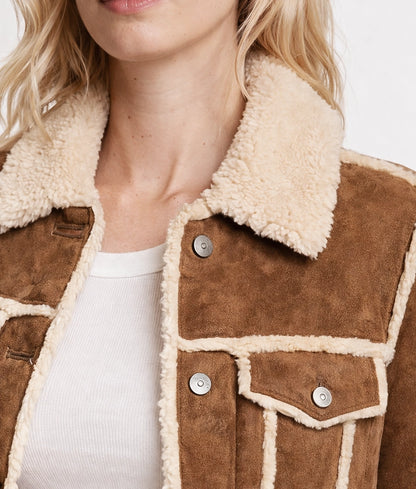 Emma Women's Suede Cognac Faux Fur Trim Trucker Jacket | Women's Suede Cognac Faux Fur Trim Trucker Jacket-4