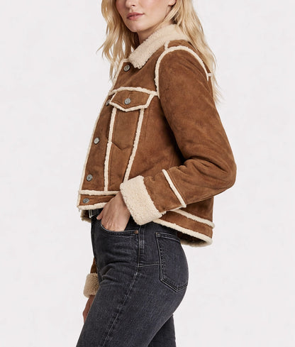 Emma Women's Suede Cognac Faux Fur Trim Trucker Jacket | Women's Suede Cognac Faux Fur Trim Trucker Jacket-2