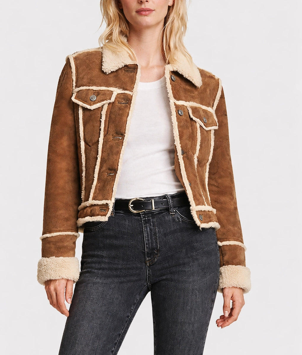 Emma Women's Suede Cognac Faux Fur Trim Trucker Jacket | Women's Suede Cognac Faux Fur Trim Trucker Jacket-1