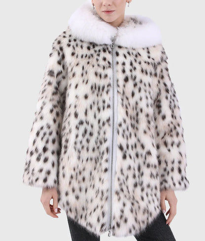 Exe Women Black & White Lynx Fur Coat With Hood