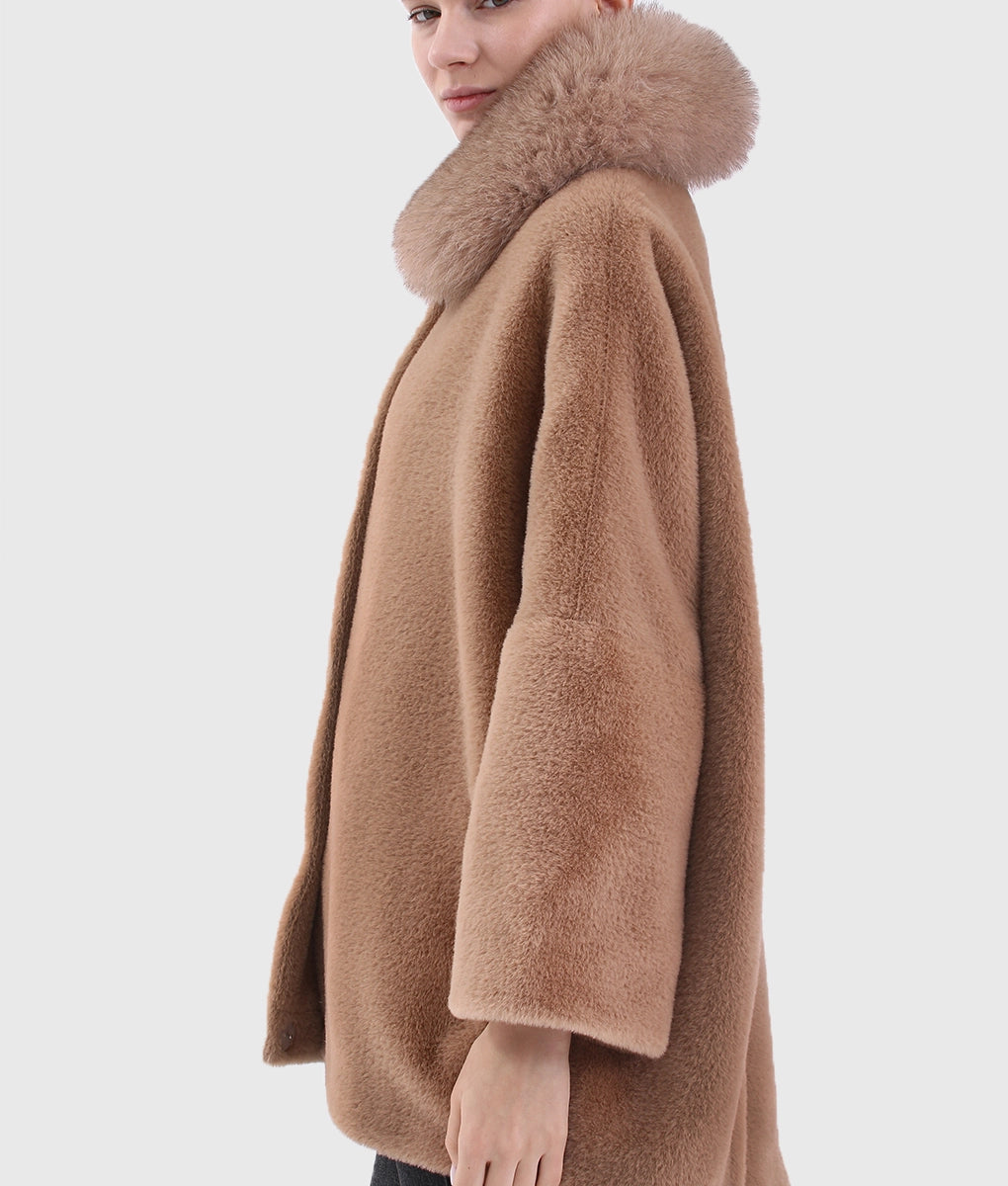 Ferrio Women Brown Cashmere Coat With Fox Fur Collar-4