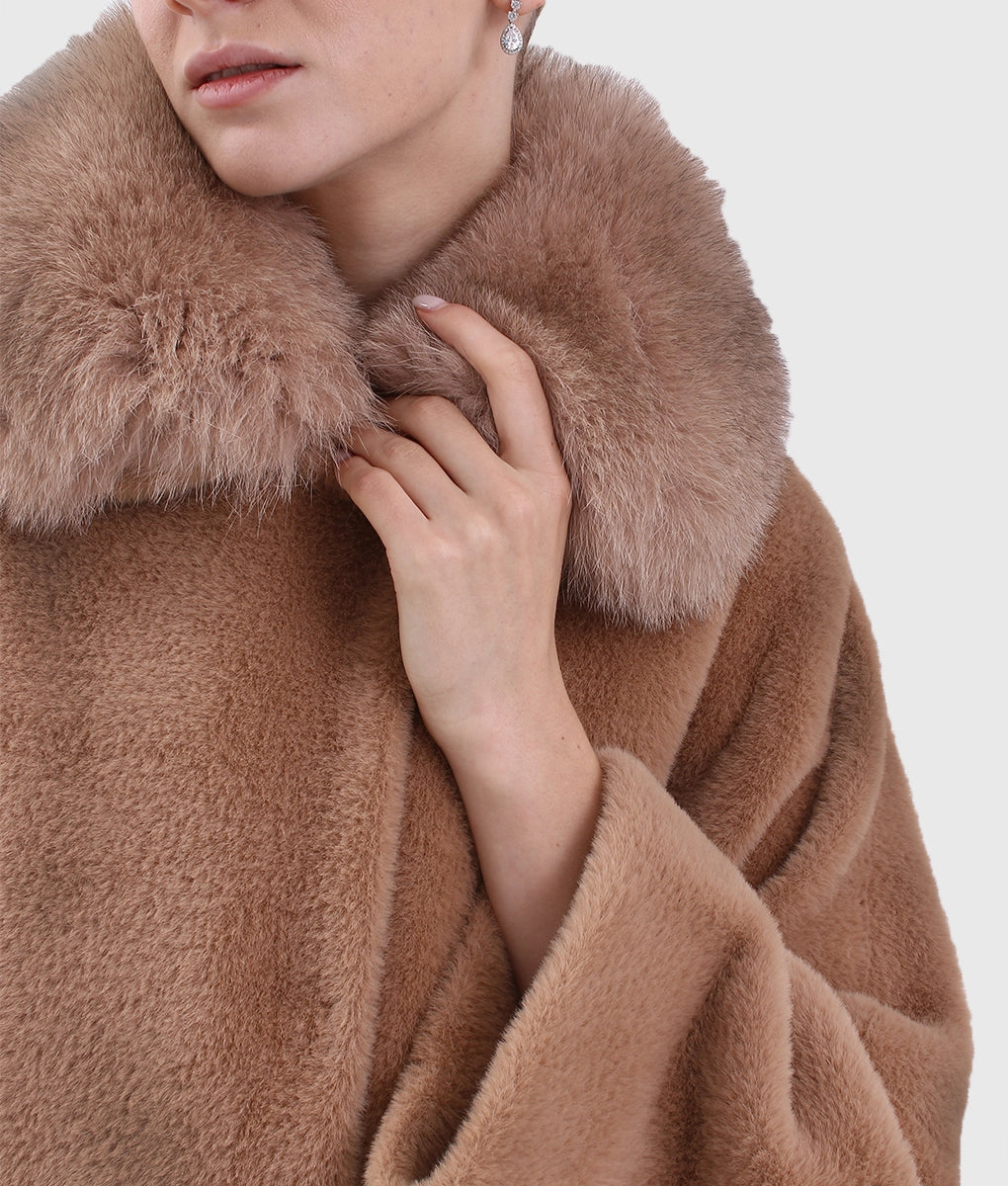 Ferrio Women Brown Cashmere Coat With Fox Fur Collar-1