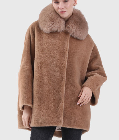 Ferrio Women Brown Cashmere Coat With Fox Fur Collar-2