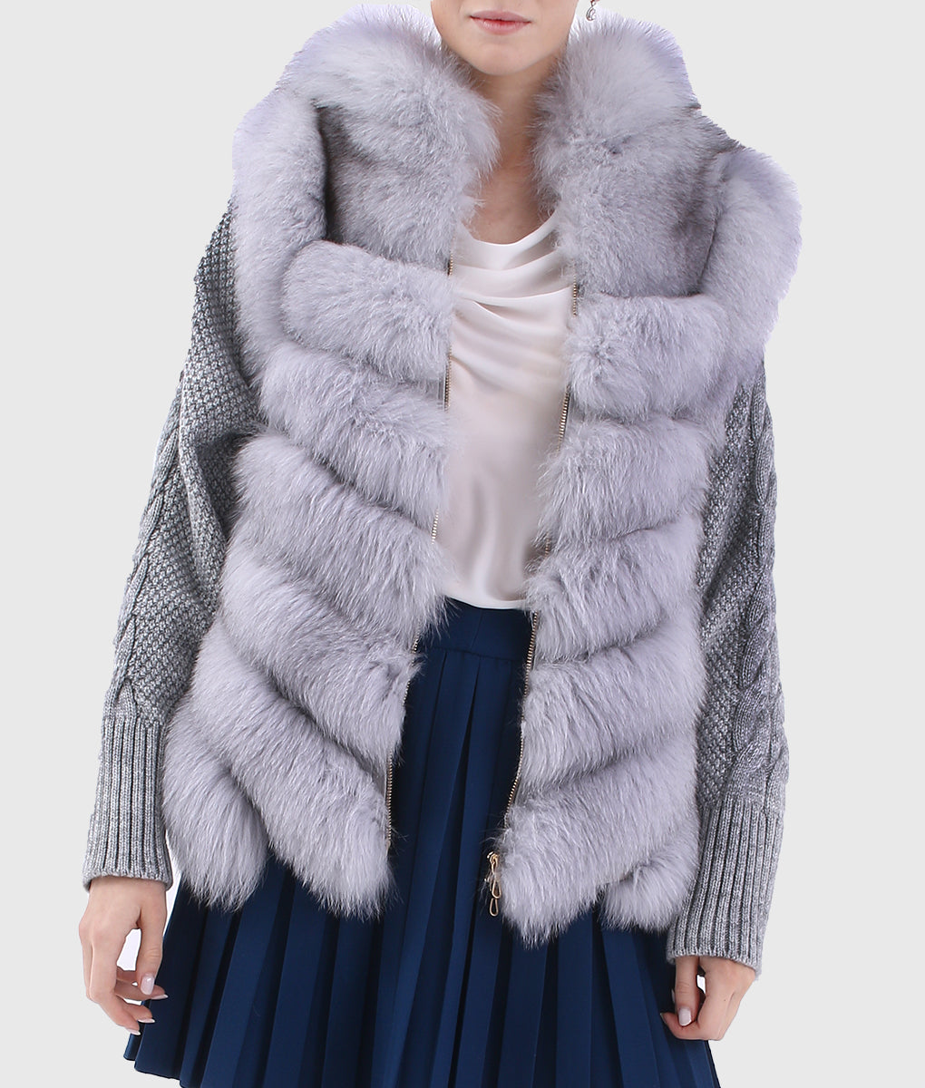 Heina Women Silver Trimmed Rex Rabbit Hooded Fur Jacket with Fox Fur Collar