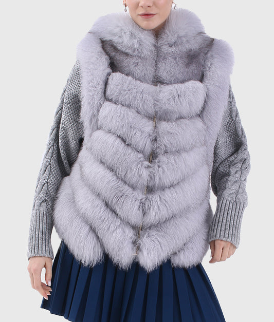 Heina Women Silver Trimmed Rex Rabbit Hooded Fur Jacket with Fox Fur Collar