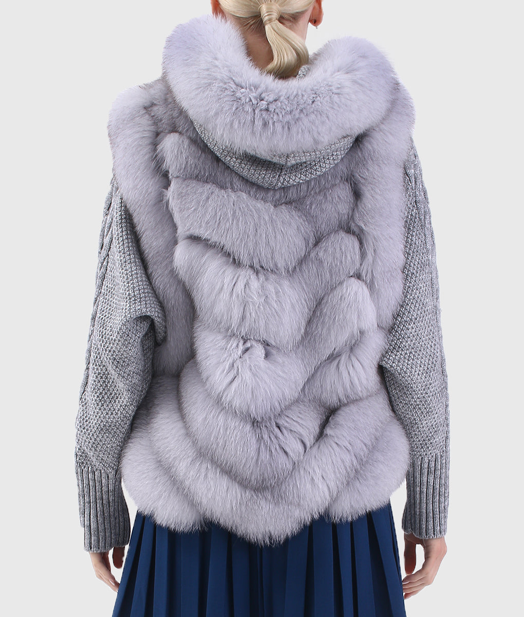 Heina Women Silver Trimmed Rex Rabbit Hooded Fur Jacket with Fox Fur Collar