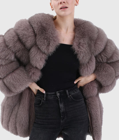 Full Sleeves Trimmed Fox Fur Coat