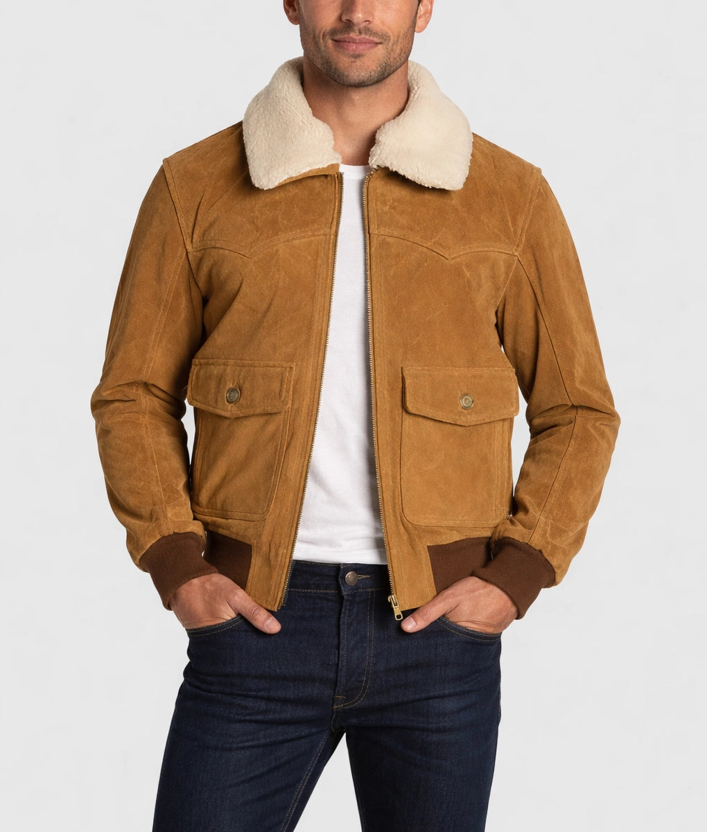James Men's Brown Bomber Faux Fur Shearling Collared Suede Jacket | Men's Brown Bomber Faux Fur Shearling Collared Suede Jacket-1