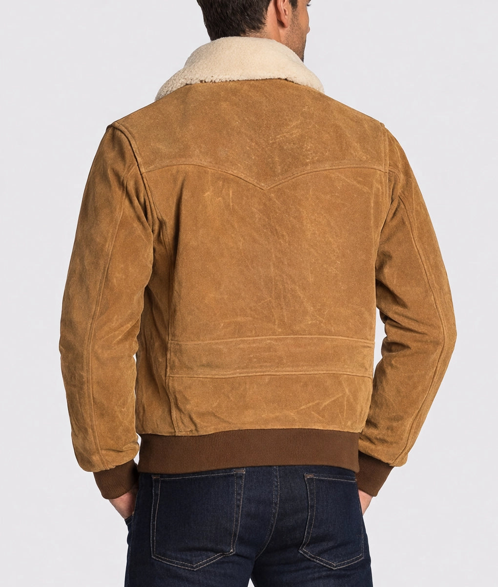James Men's Brown Bomber Faux Fur Shearling Collared Suede Jacket | Men's Brown Bomber Faux Fur Shearling Collared Suede Jacket-4