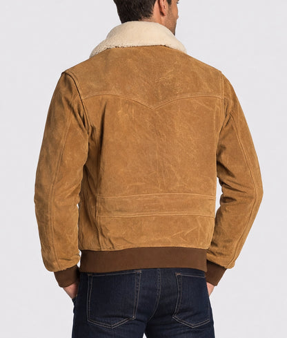 James Men's Brown Bomber Faux Fur Shearling Collared Suede Jacket | Men's Brown Bomber Faux Fur Shearling Collared Suede Jacket-4